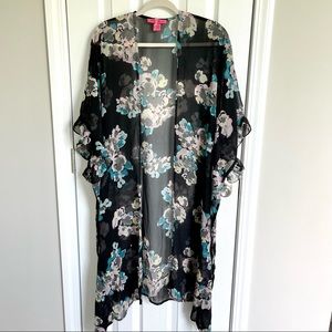 Betsey Johnson OSFM Womens Kimono Wrap Cover Up Chiffon Black Floral